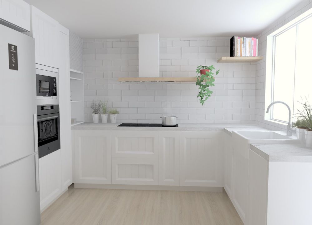 En la imagen se muestra una infografía de una cocina blanca hecha por Línea 3 Cocinas