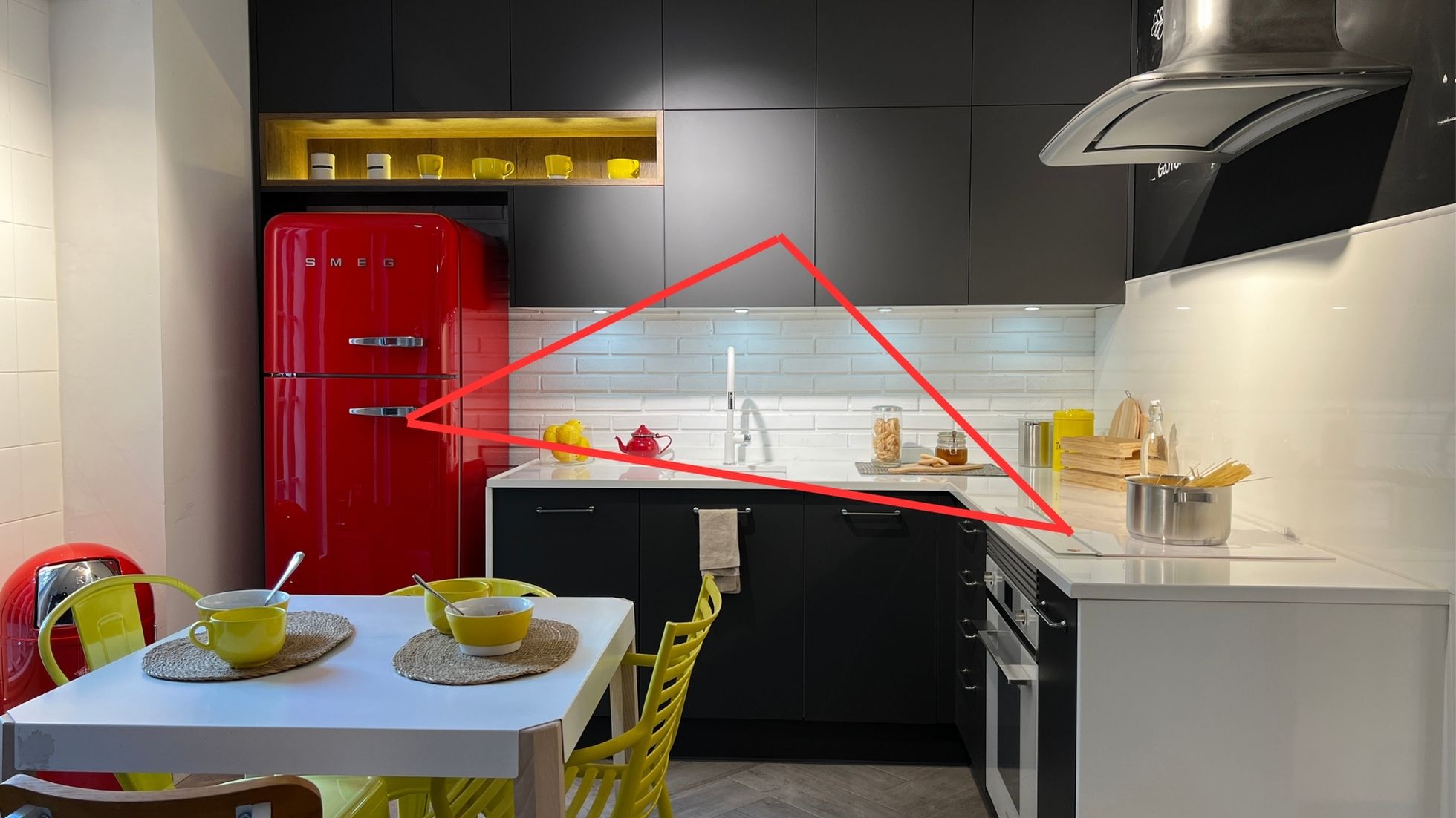 una cocina que señala en un triángulo rojo la zona de coccióm, el frigorifico y la zona de almacenamiento